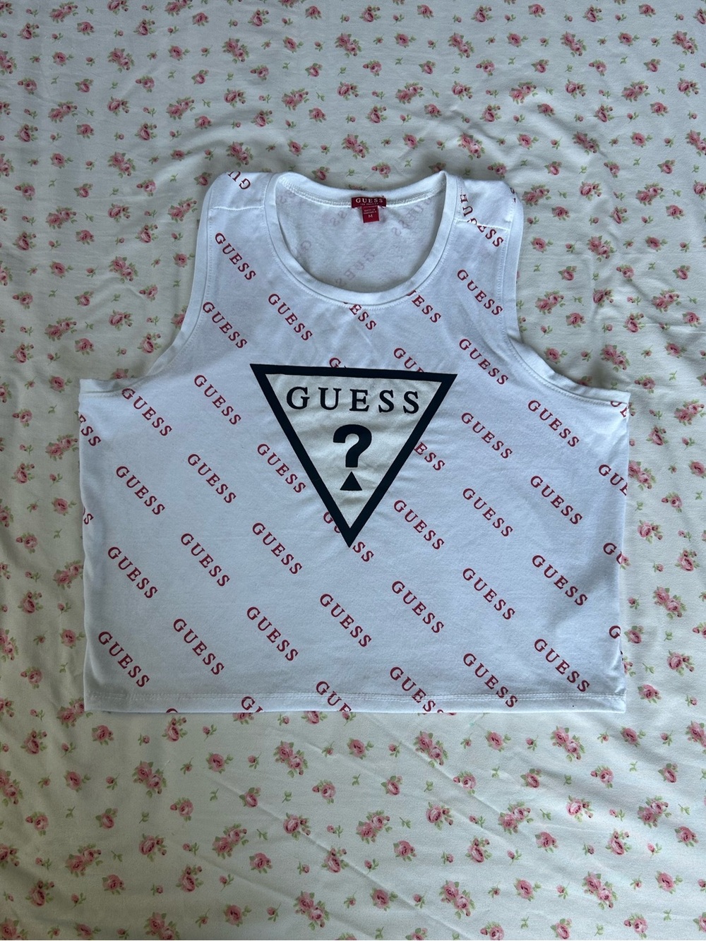 GUESS White Tank Top with Red Logo Repeat